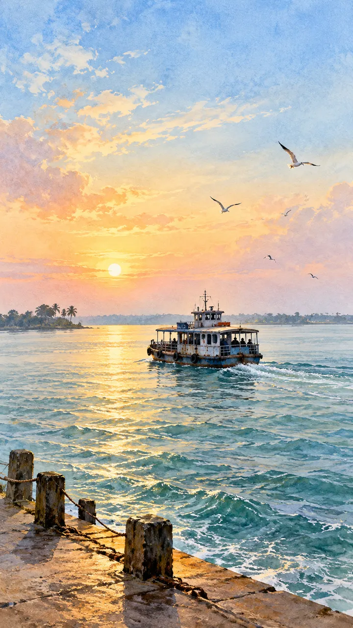 Painterly AI illustration of a Bengal coastal ferry journey, inspired by Gangasagar