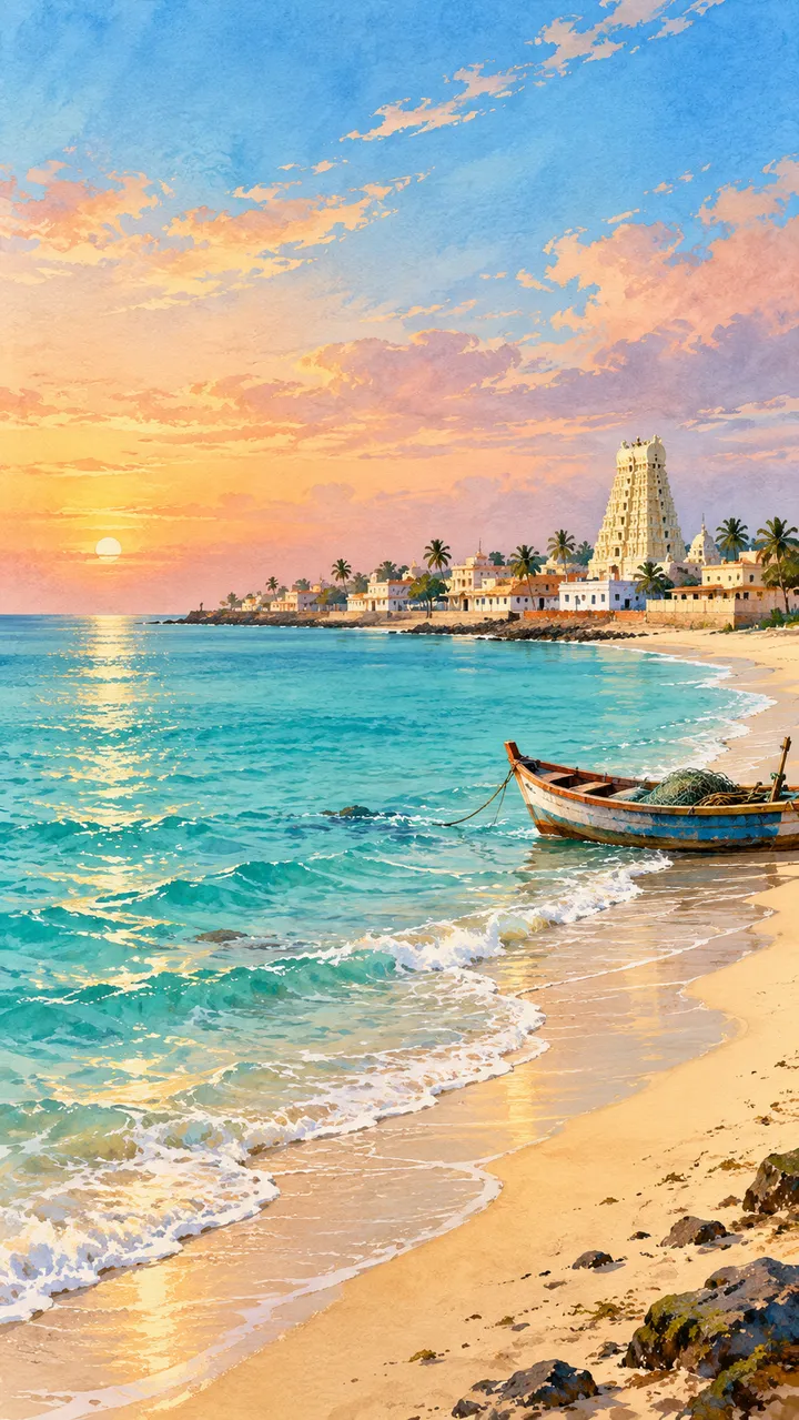 Painterly AI illustration inspired by Rameswaram’s coastal pilgrimage atmosphere