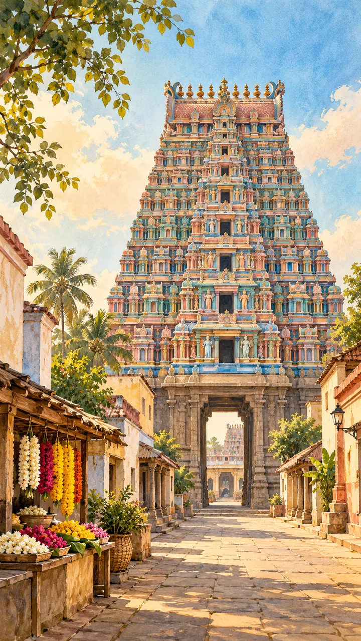Painterly AI illustration inspired by the gopurams and streets of Srirangam