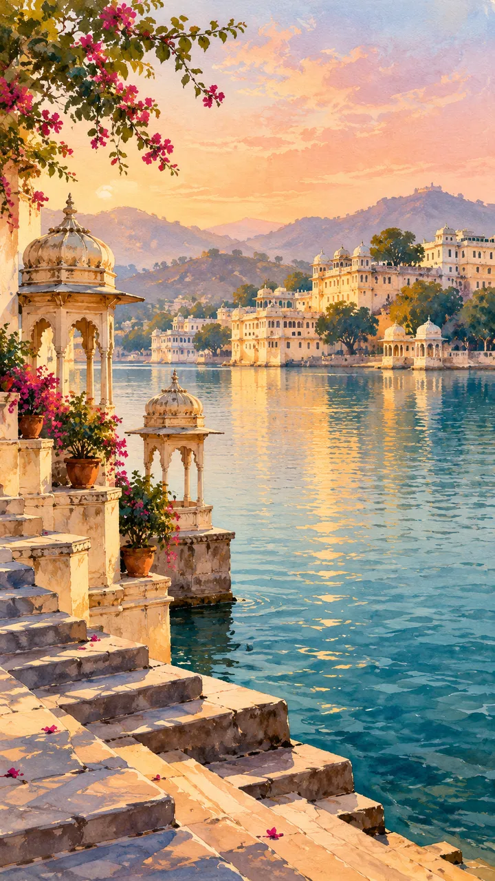 Painterly AI illustration inspired by Udaipur’s lakeside ghats